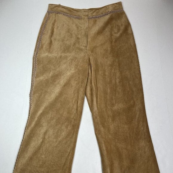 Betty Barclay Leather Suede Pant Trousers Womens US 10 Camel Tan Crochet Sides - Picture 2 of 12